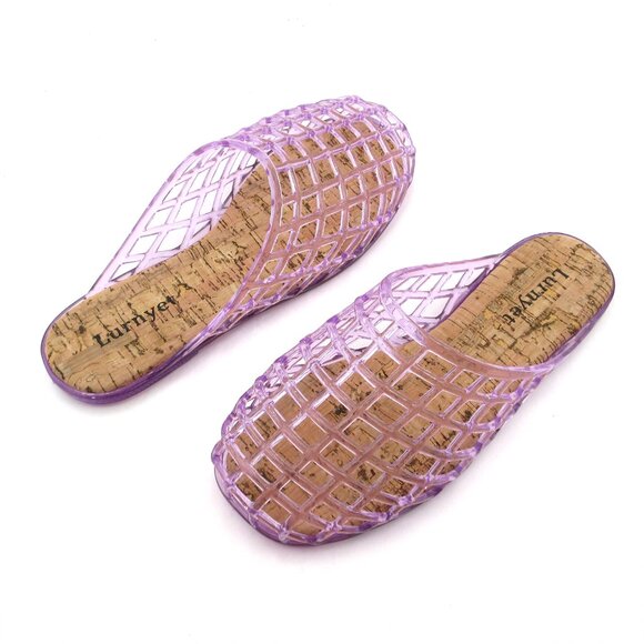 Lurnyet Womens Purple Jelly Comfort Cushion Slide Flat Sandal with Cork Footbed - Picture 4 of 7